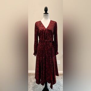 Vince Camuto Drifting Petals Belted Handkerchief-Hem Dress.